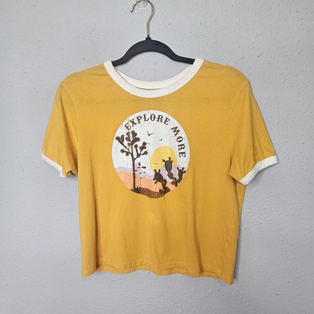 Rebellious One Women Mustard Yellow Explore More Desert Joshua Tree Ringer Tee M